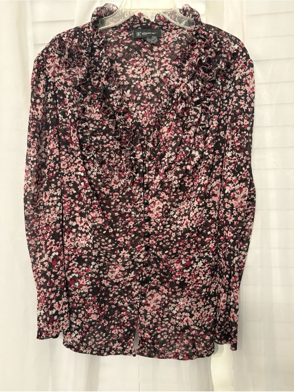International Concepts Women's 3X Black & Pink Floral Long Sleeve Mesh Blouse